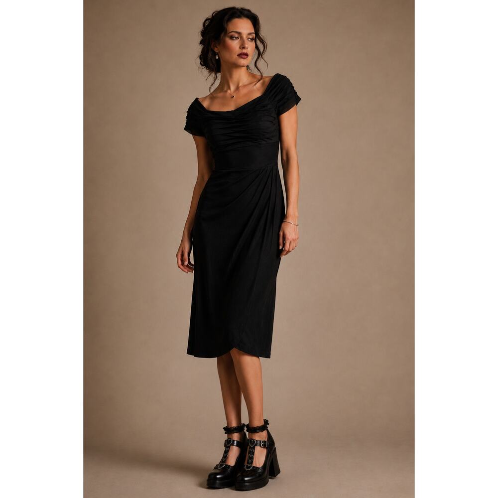 Vintage Bonwit Teller Black Formal Evening Dress Midi Knee Length XS S